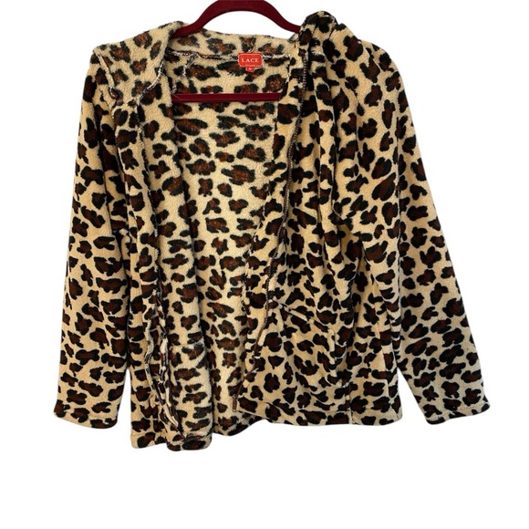 LACE Leopard Print Plush PJ Jacket Brown Soft Hoodie Women's Size M Pocket EUC - Picture 1 of 6